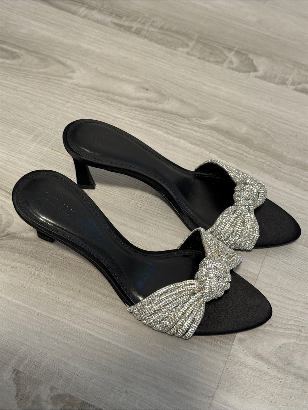 Forever 21 Black Kitten Heel with Silver Crystal Bow BRAND NEW